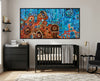 Desert Meets the Sea Aboriginal canvas print by Kelly Taylor displayed in a modern nursery with black float frame