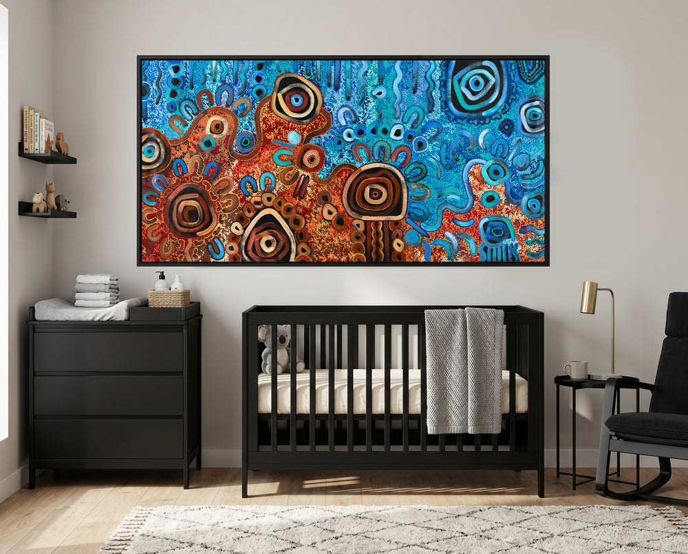 Desert Meets the Sea Aboriginal canvas print by Kelly Taylor displayed in a modern nursery with black float frame