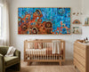 Desert Meets the Sea Aboriginal canvas print by Kelly Taylor displayed in a modern nursery with black float frame