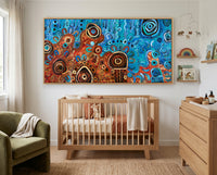 Desert Meets the Sea Aboriginal canvas print by Kelly Taylor displayed in a modern nursery with black float frame