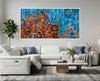 Desert Meets the Sea Aboriginal art print by Kelly Taylor featuring vibrant blue coastal waters meeting desert Country in contemporary Indigenous Australian artwork