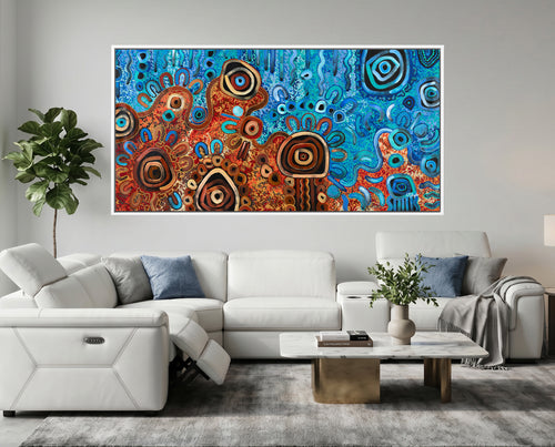 Desert Meets the Sea Aboriginal art print by Kelly Taylor featuring vibrant blue coastal waters meeting desert Country in contemporary Indigenous Australian artwork