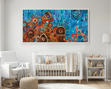 Desert Meets the Sea Aboriginal art print by Kelly Taylor presented in a white float frame