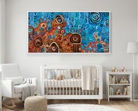 Desert Meets the Sea Aboriginal art print by Kelly Taylor presented in a white float frame
