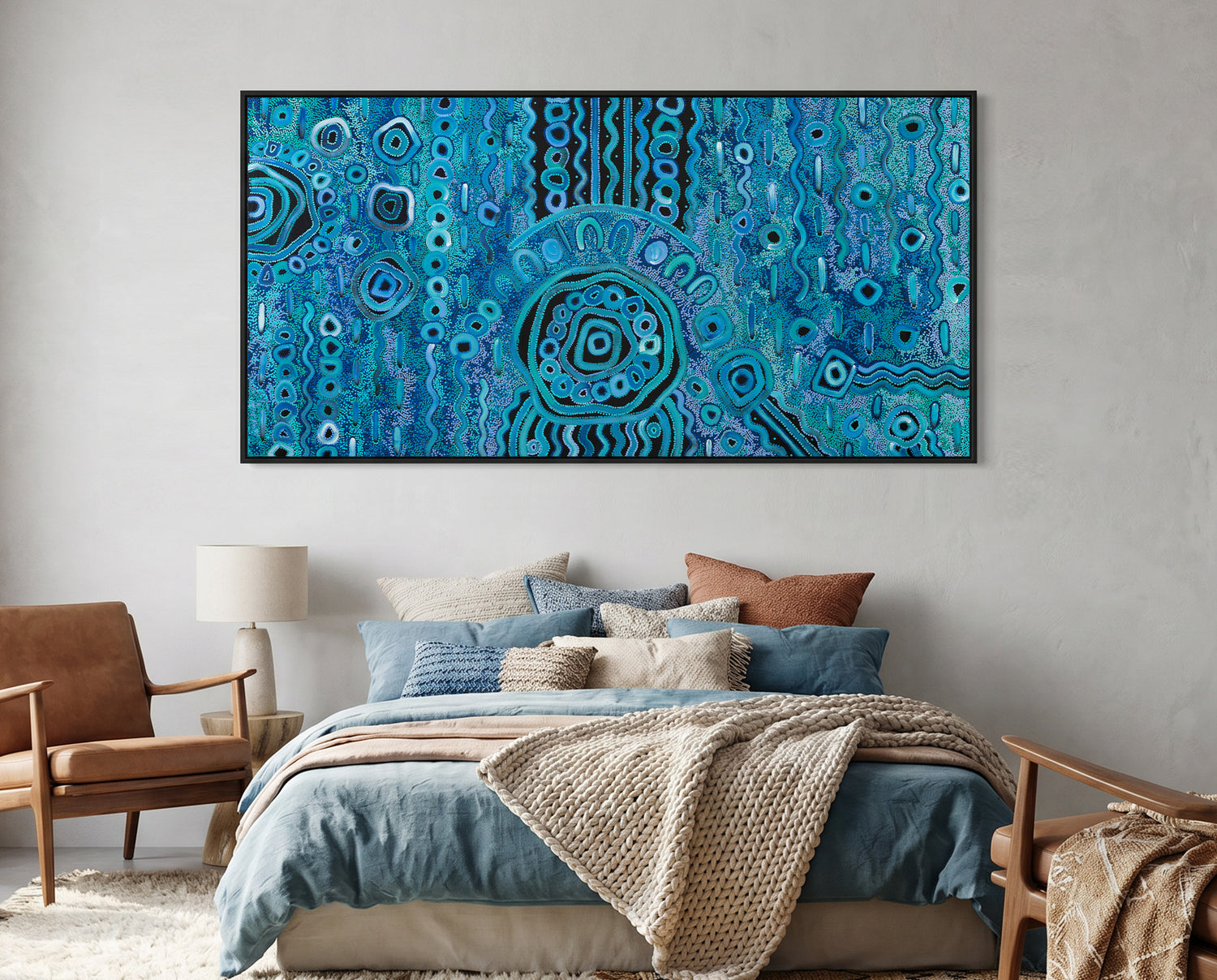 Bedroom with a large abstract blue rain aboriginal art painting on the wall
