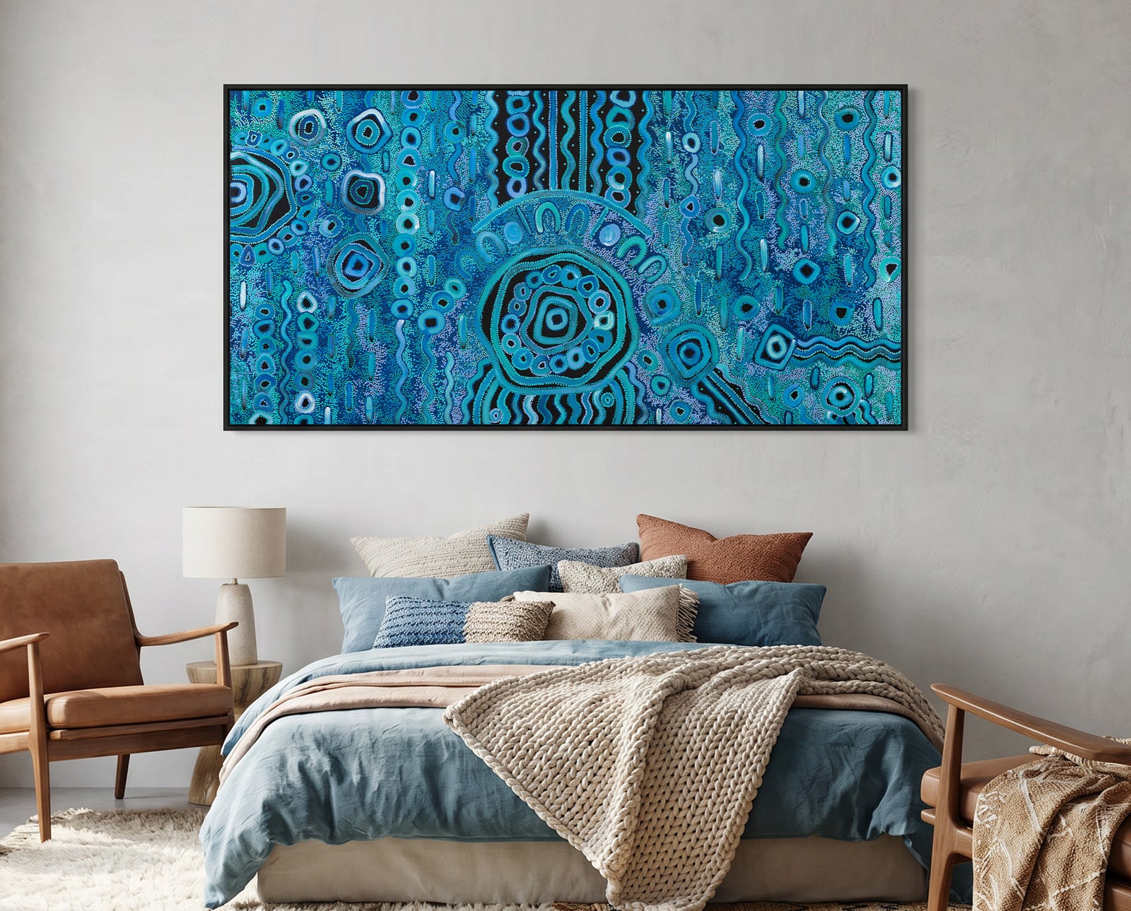 Bedroom with a large abstract blue rain aboriginal art painting on the wall