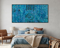 Bedroom with a large abstract blue rain aboriginal art painting on the wall
