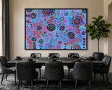 Original Aboriginal painting My Mother's Country by T'keyah Ware displayed in a luxury black dining room featuring contemporary Indigenous Australian art.