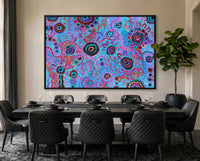 Original Aboriginal painting My Mother's Country by T'keyah Ware displayed in a luxury black dining room featuring contemporary Indigenous Australian art.