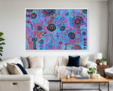 Close up of the original Aboriginal painting My Mother's Country by T'keyah Ware showing layered dot work symbolic pathways and gathering places.
